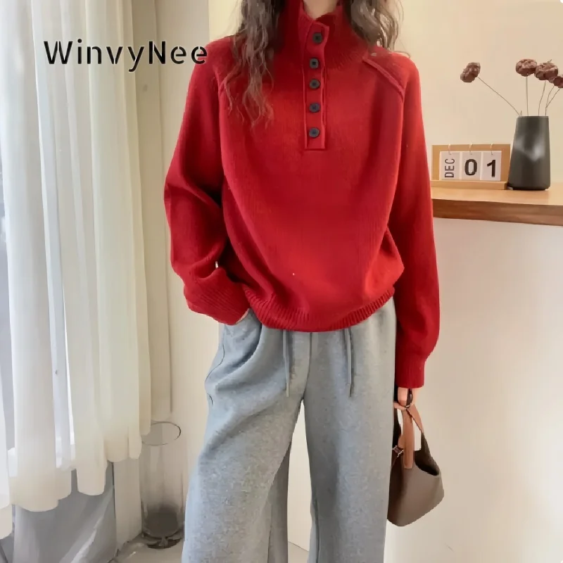 WinvyNee Women Autumn Winter Thickened Half Open Collar Button Top 100% Wool Plush Breathable Soft Warm Loose Pullovers A1103052