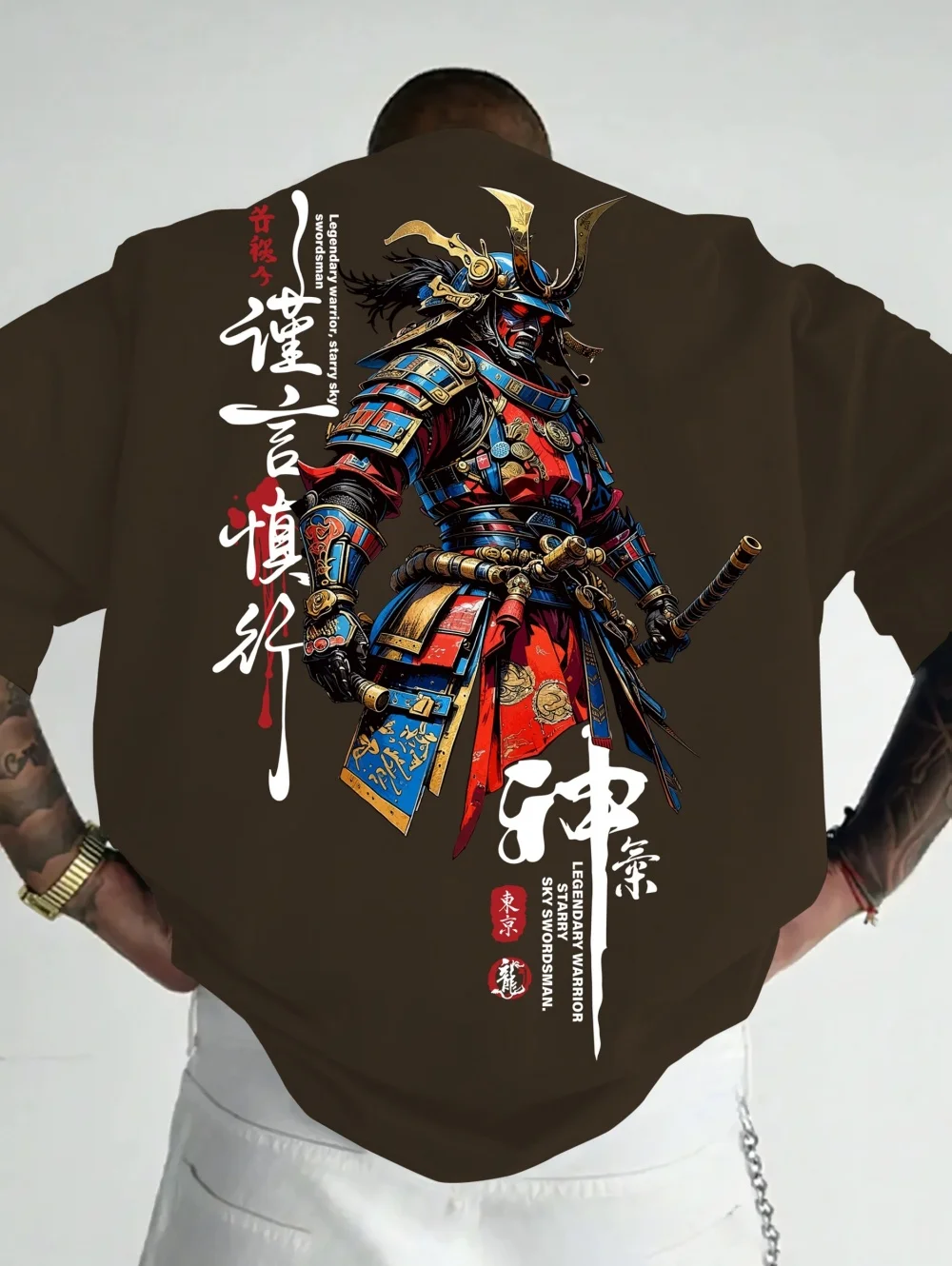 Herren Tokyo Warrior Casual Sport Streetwear Japanischer Tuschestil Samurai-Muster Bedrucktes Trendiges Alltags-Outdoor-Kurzarm-T-Shirt – Detail 5