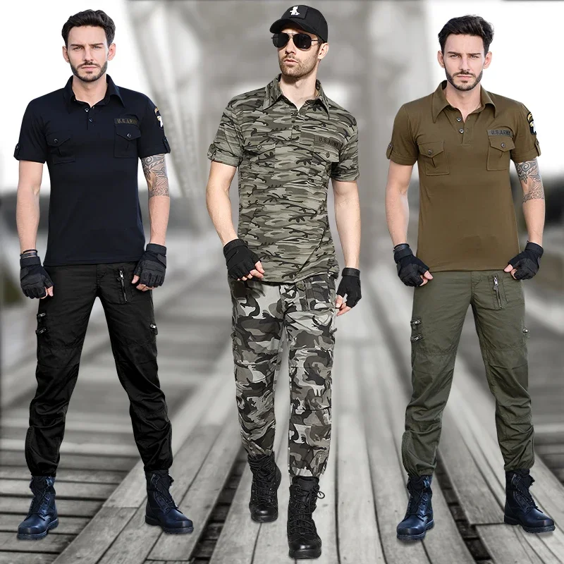 US Army Airborne Men's Summer Causal Military Uniform Elastic Breathable Short Sleeved T-shirt and Cargo Pants Set