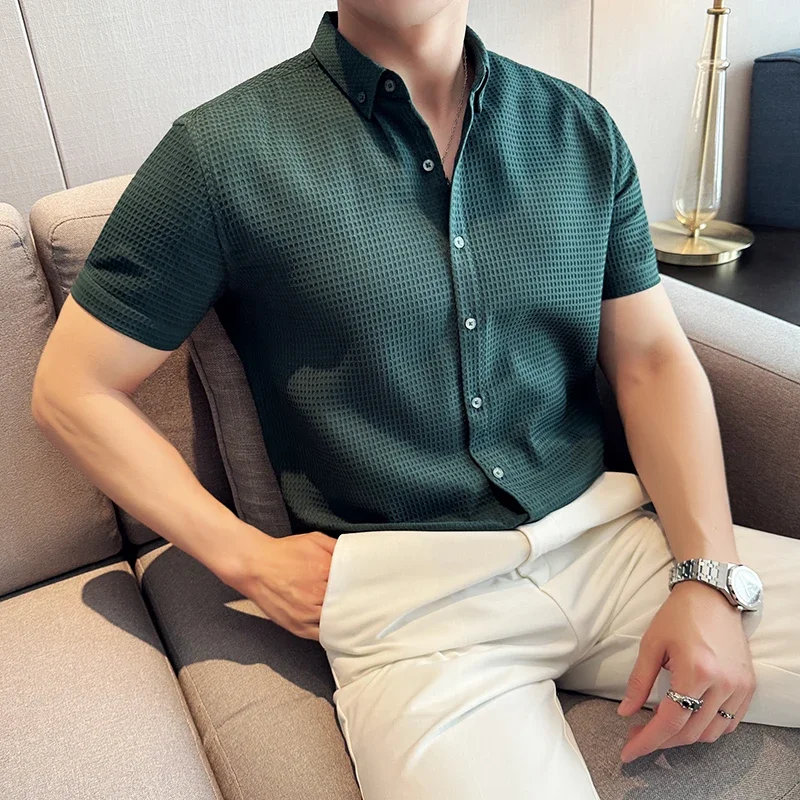 Men Waffle Shirt Short Sleeved 2024 Summer New Thin British Style Business Solid Casual Non Iron Slim Fit Shirt Men\'s Clothing