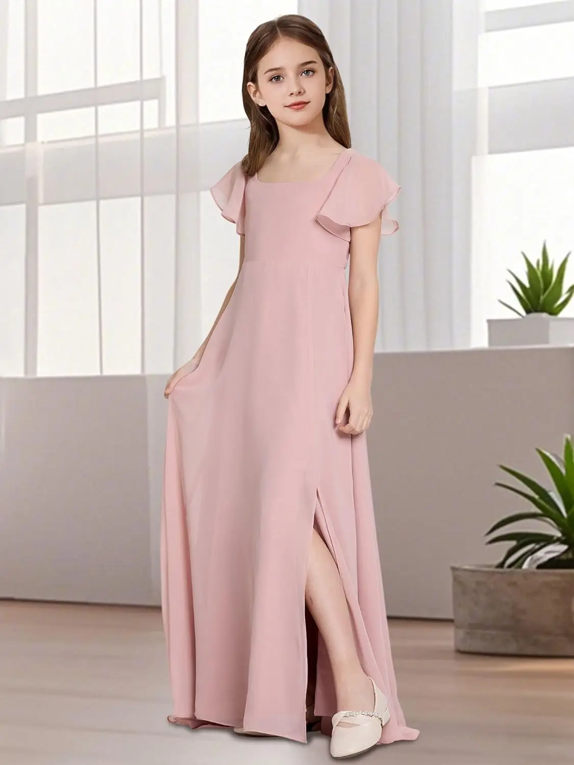 A Line Square Neck Junior Bridesmaid Dresses Girls Formal Chiffon Flower Girl Dress Long Party Gown with Leg Slit  Girls Dress