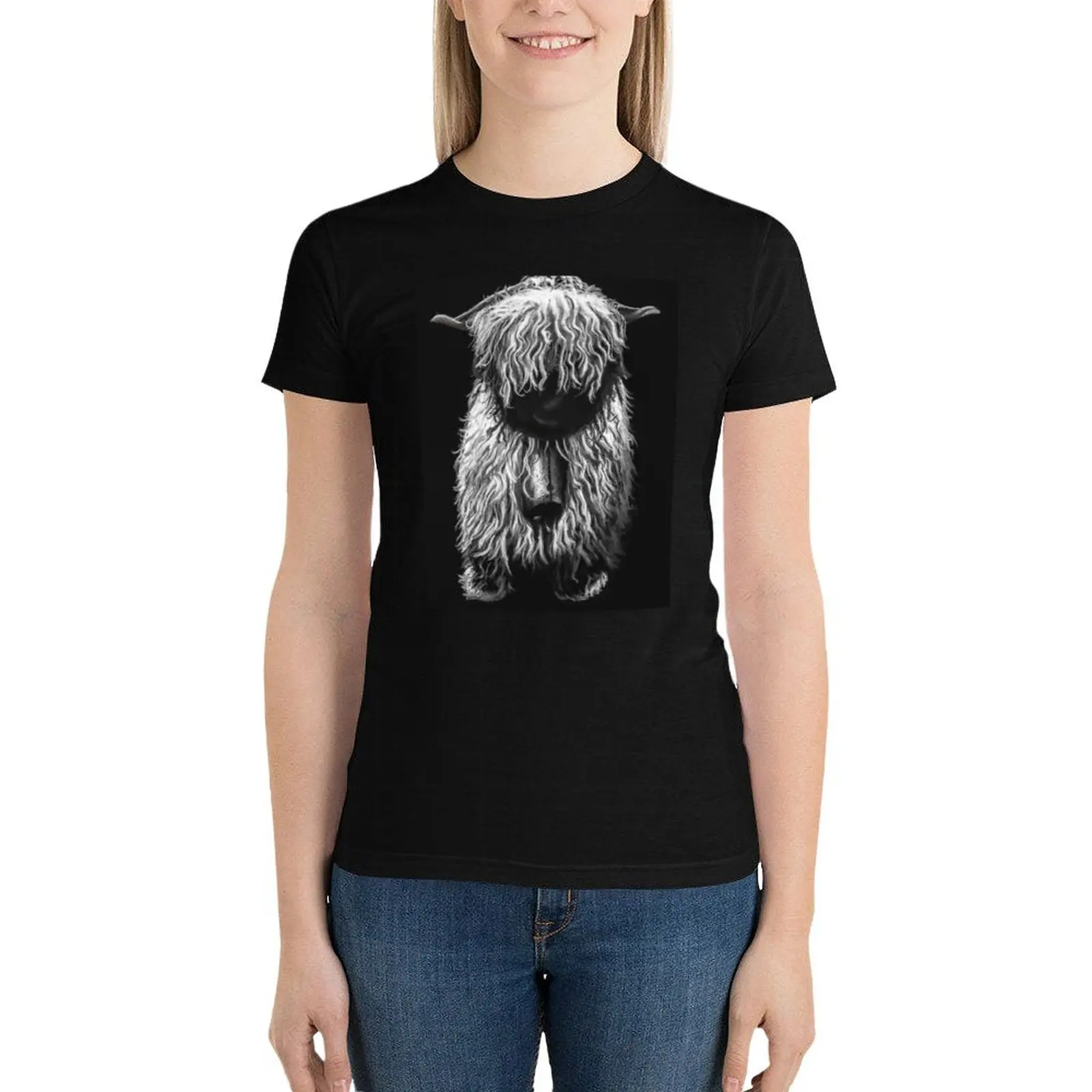 Black And White Swiss Valais Blacknose Sheep, FluffyValais Blacknose Sheep Art, Cute Swiss Sheep Farm Animal Portrait, A T-Shirt