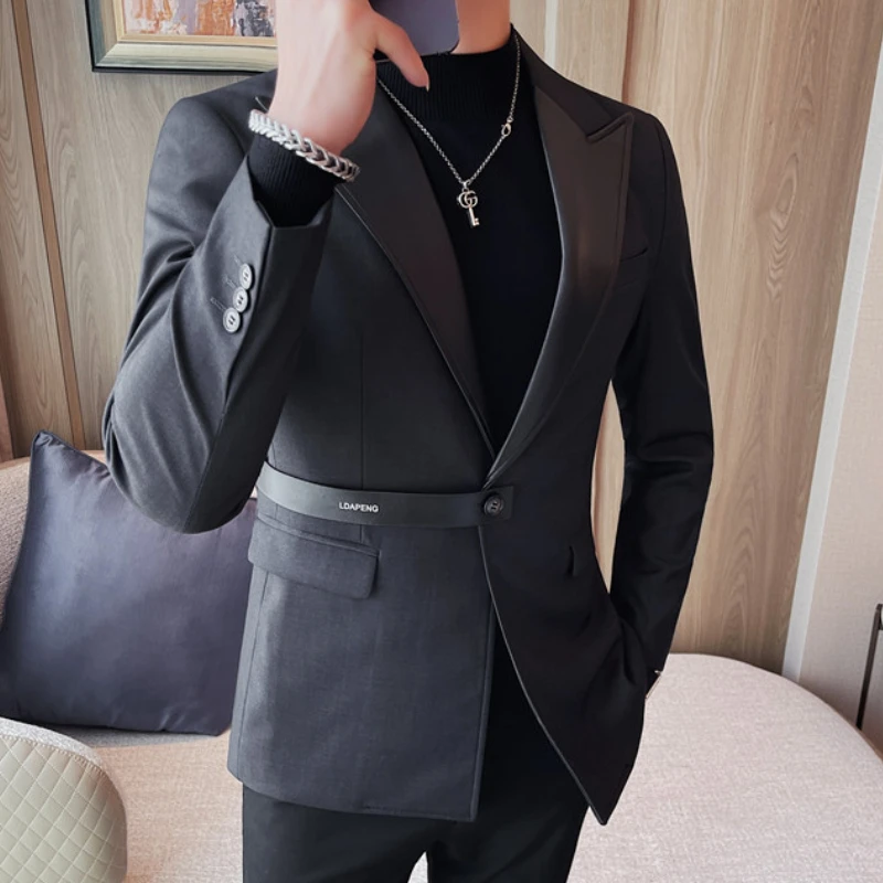 High Quality PU Splicing Closure-collar Suit Jackets Men Slim Casual Business Blazers Wedding Social Banquet Party Tuxedo Coat