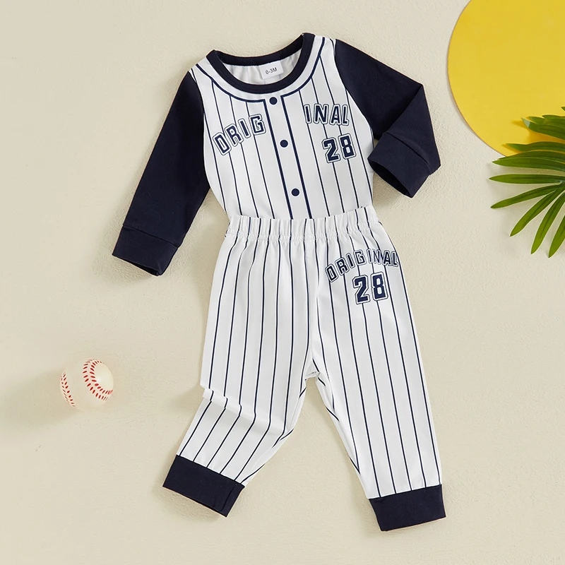 BeQeuewll Fall Spring Baby Boy Sports Clothes Kids Baseball Outfits Stripe Print Long Sleeve Bodysuit with Pants Infant Suit Set