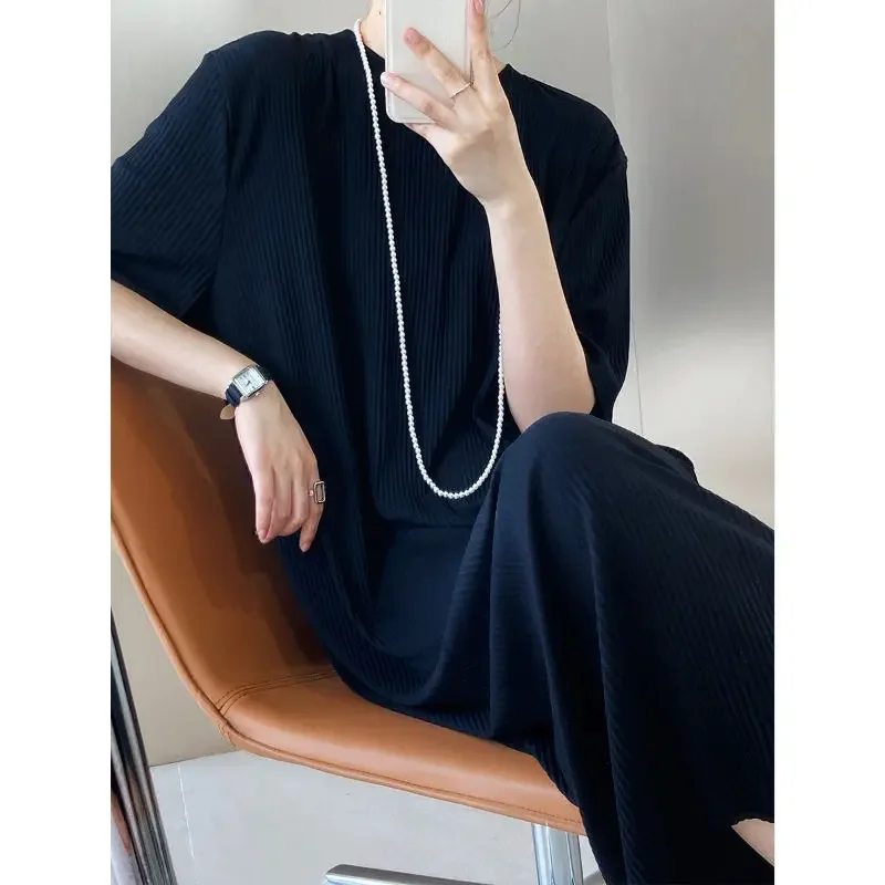 Plissé filetage été femmes t-shirt robe grande taille décontracté sur le genou couleur unie bureau dame confortable robe mi-longue