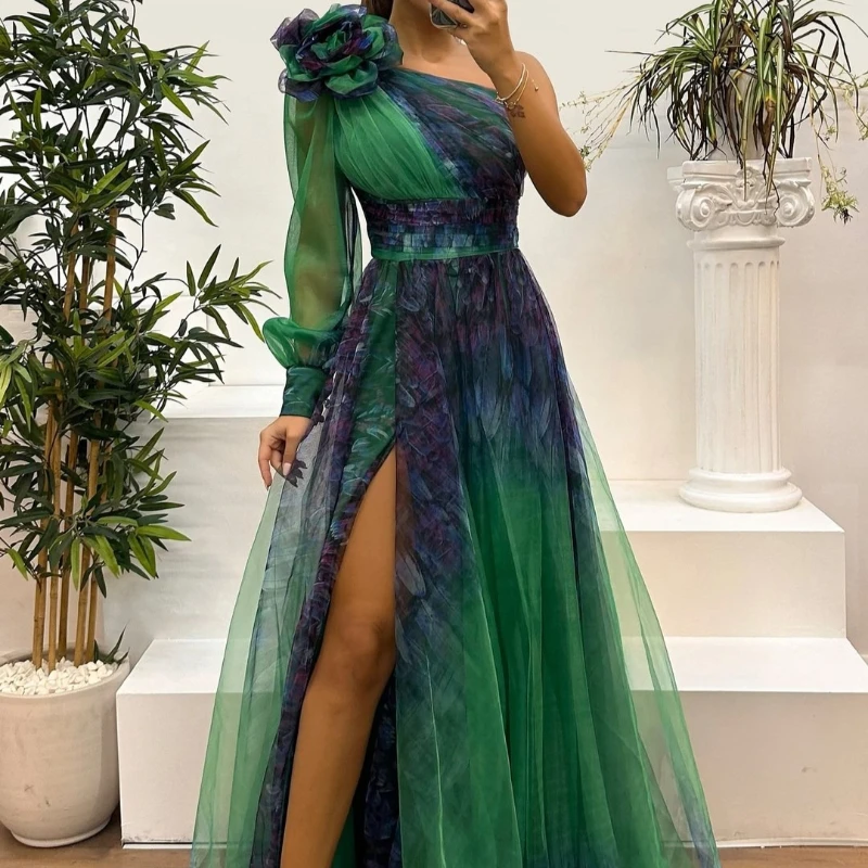 

Vintage Pattern Printed Women's Mesh Evening Party Long Dress Casual Sexy Off Shoulder Long Sleeved Slit Maxi Dresses Vestidos