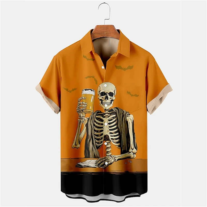 

2025 Men's Lapel Shirt Halloween Costume 3D Elegant Skeleton Pattern Printed Loose Outdoor Street Party Short-sleeved Shirt