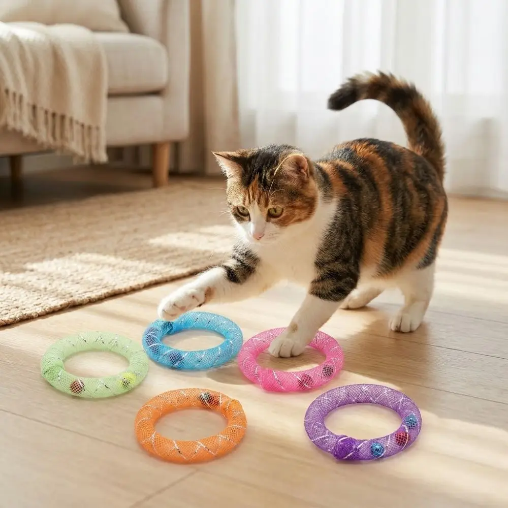 5er-Set Glocken-Kreisglocken für Katzen: Weiche, bissfeste, interaktive Katzenspielzeuge mit bunten Federn und Gitterrohr – Detail 10