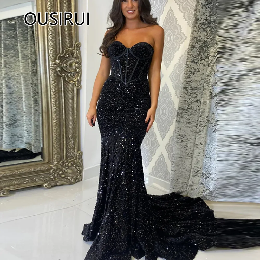 Customized Elegant Sweetheart Collar Sequins Shiny Prom Graduation Dress Sexy Mermaid Backelss Trian Prom Cocktail Dress