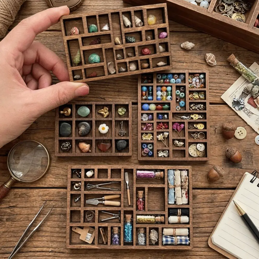 Wooden Mini Jewelry Holder Multi Compartments Ore Specimen Storage Miniature Trinket Shelf Miniature Crystal Dollhouse Shelf
