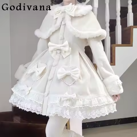 Lolita Sweet Wool Cape Coat Girls Women's  Autumn and Winter Girl Cute Bow Plush Collar Elegant Y2k Woolen Jacket with Cloak