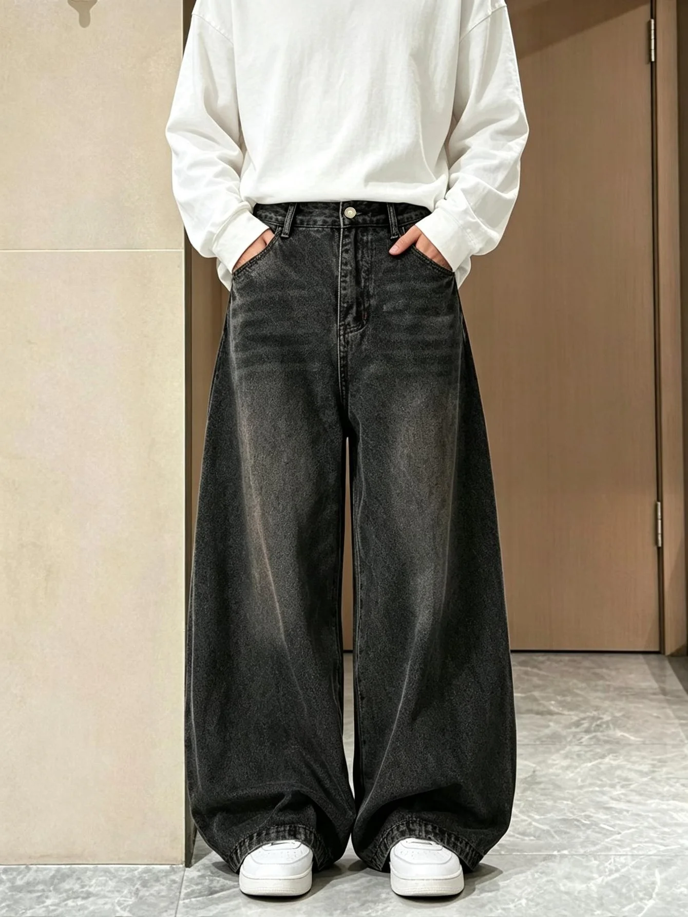 Trendy Men's Wide Leg Denim Trousers, Y2K American Street Baggy Jeans, Casual Street Bottoms, Sweet Gift For Boyfriend