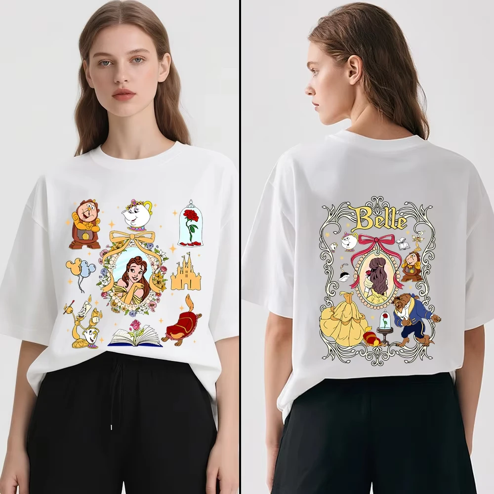 تي شيرت ديزني بيوتي آند ذا بيست بيل مطبوع للنساء كاجوال مريح للارتداء اليومي تي شيرت ناعم ملابس أطفال بنات #5