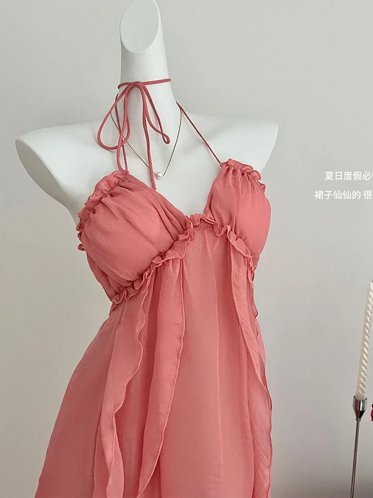 Spring Summer Sexy Spend One\'s Holidays Dress Women Fashion Pink Tunic One-Piece Bandage Beach Frocks 2000s Romantic Aesthetic