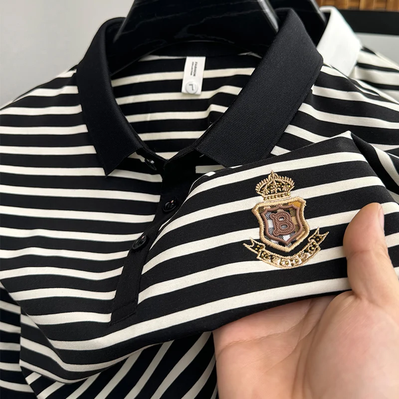 

High End Luxury Brand Men's Polo Shirt Lapel Stripe Short Sleeve Badge Embroidery T-Shirt Anti-wrinkle Business Leisure Menswear