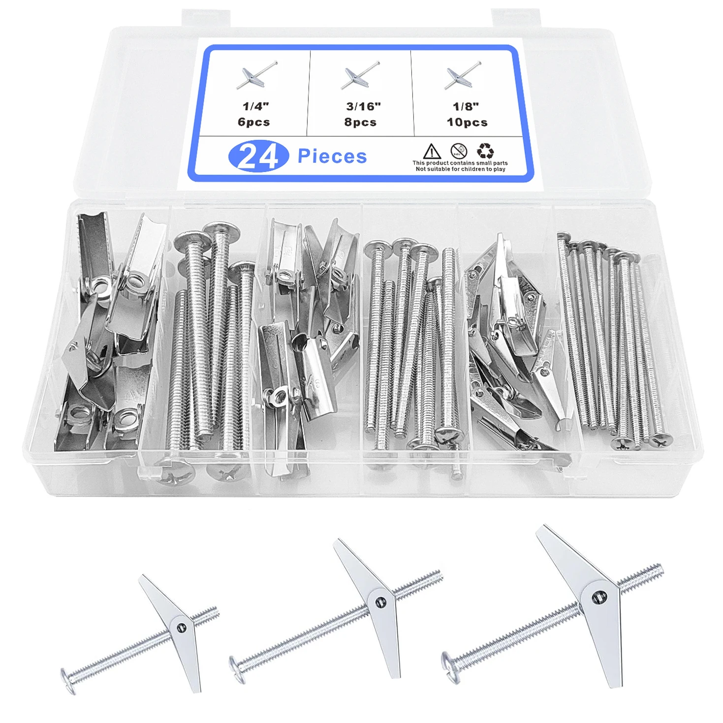 Toggle Bolts and Wing Nut Kit, 24/32/48/60Pcs Metal Drywall Anchors and Screws Assortment Set, 3 Sizes Butterfly Anchors