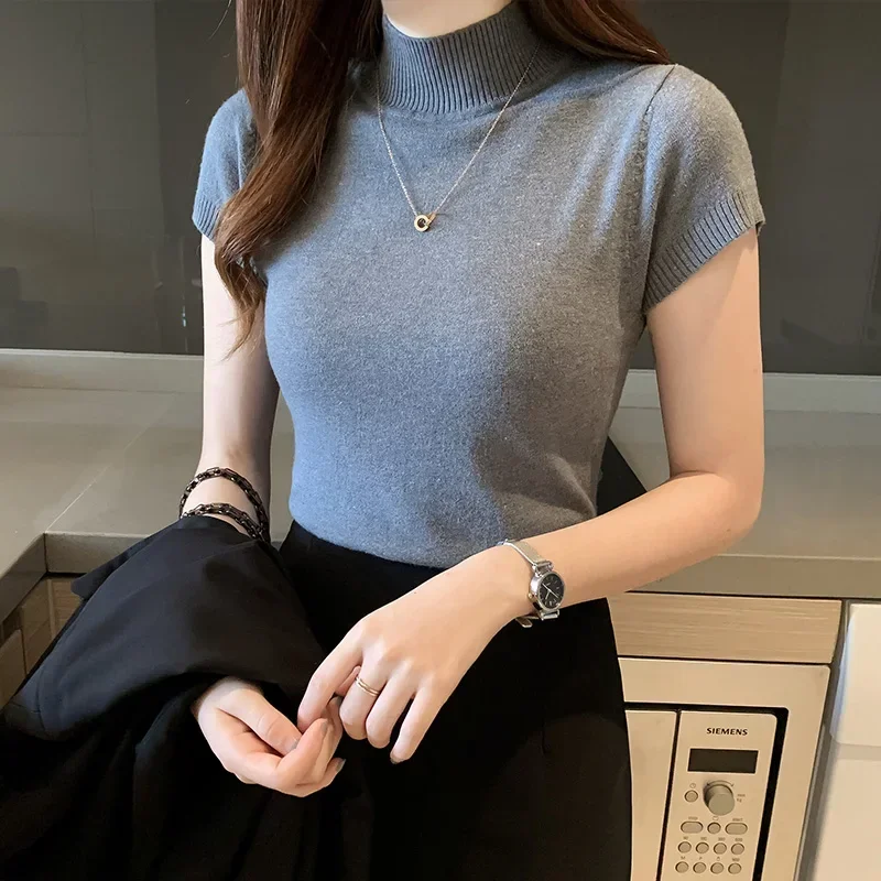 New Half Turtleneck Slim Knitted T-shirt Women Elegant Solid Short Sleeve Casual Versatile Pullover Tops Casual Skinny Tops 8576