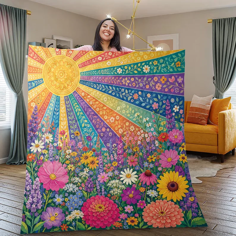 Sunflower Field Quilt Blanket Floral Patchwork Throw Rainbow Sun Rays Bedding Blankets