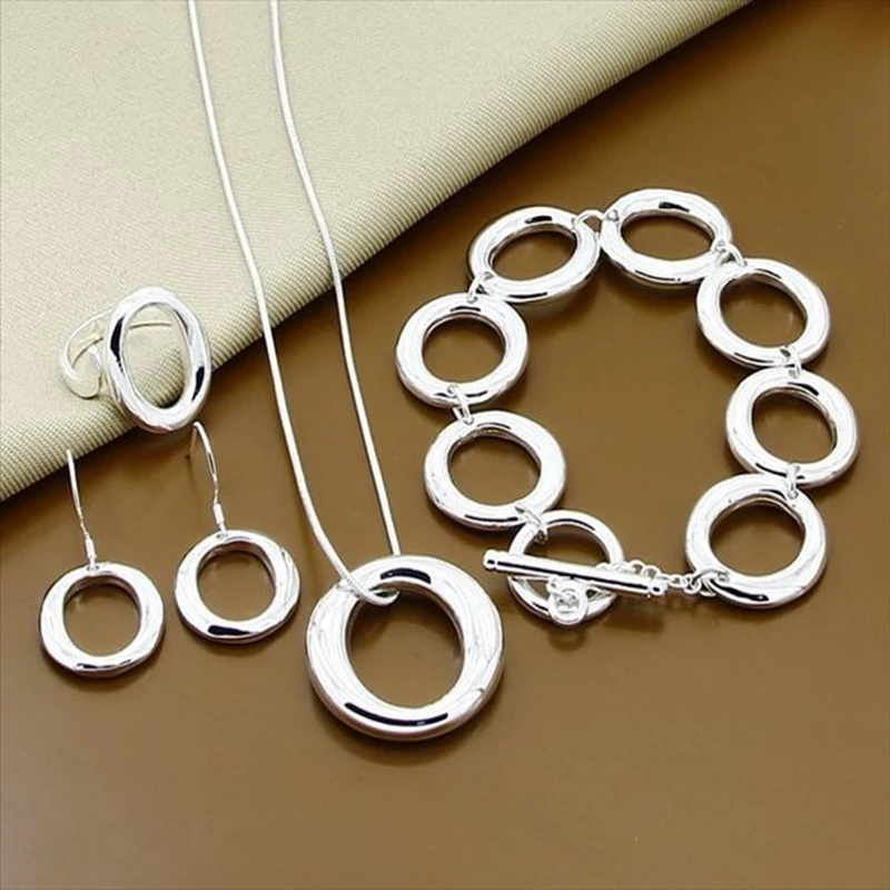 

925 Sterling Silver Round Circle O Necklace Bracelet Earring Ring Set For Woman Man Wedding Engagement Fashion Jewelry