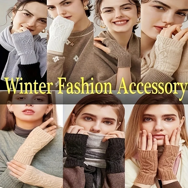 Fingerless Gloves for Women, Winter Warm Knitted Arm Warmer, Cozy Thumb Hole Gloves Soft Wrist Half Finger Mittens view 6