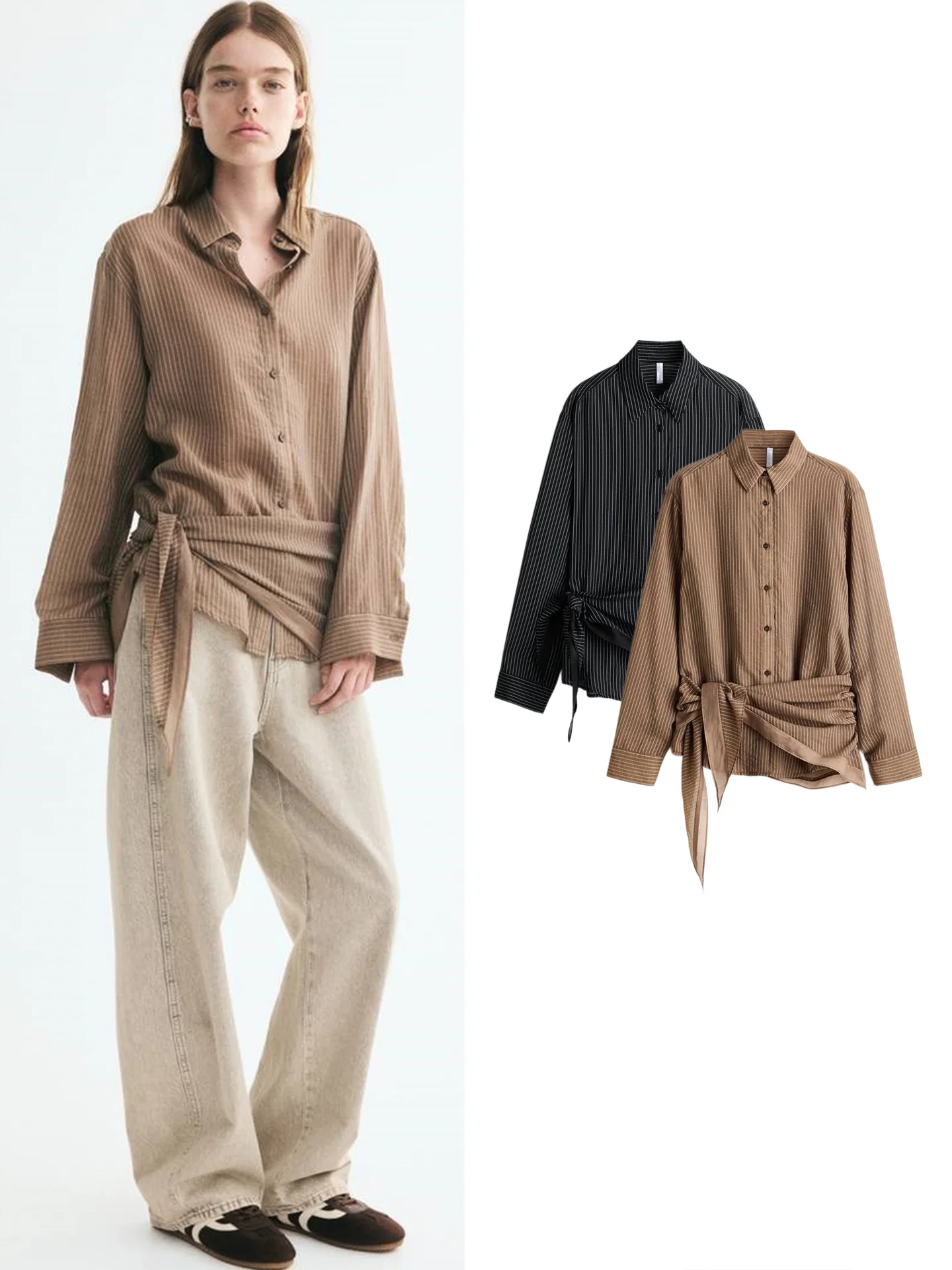 Fall New Women's Commute Style Long Sleeve Turn-down Collar Shoulder-draped Shirt Single Button Scarf Decoration Slim Fit Shirt