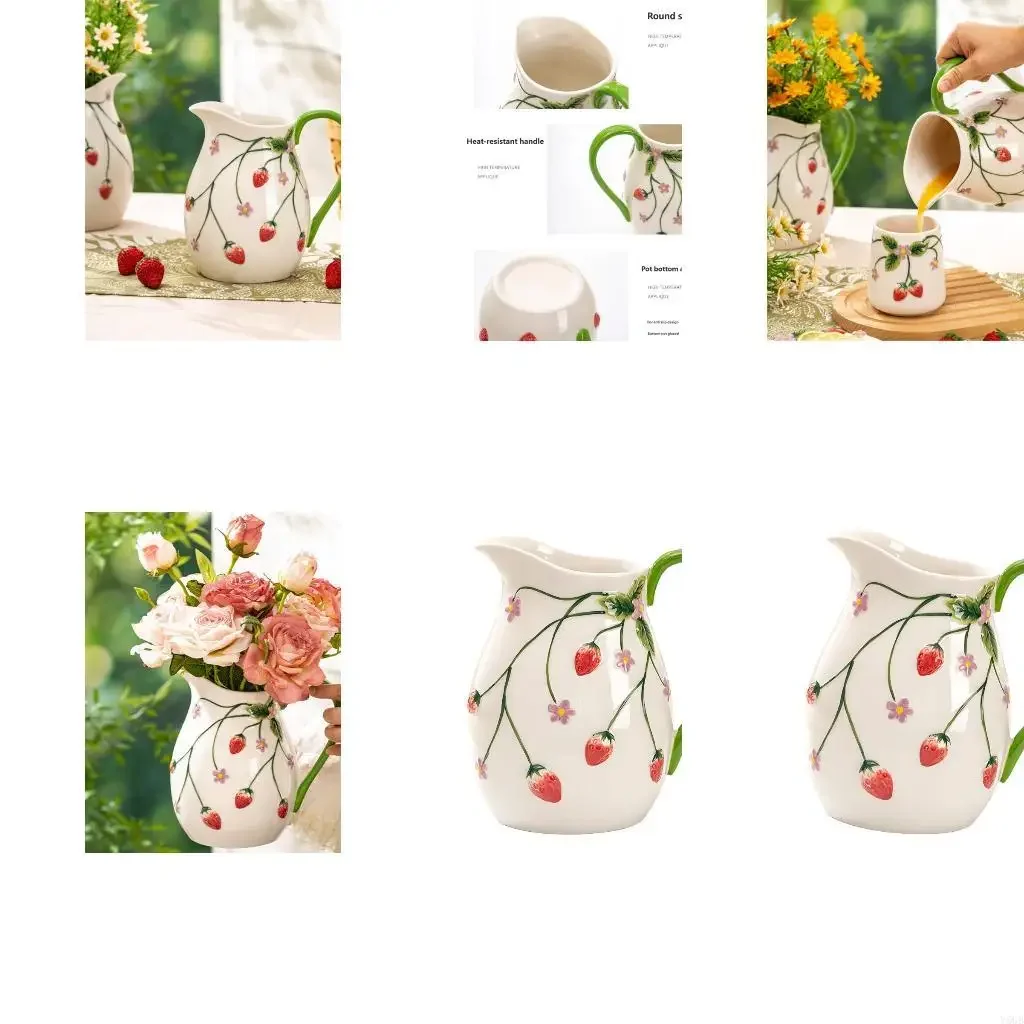 Indoor Desktop Accent Vase for Florals Display, Decorative Strawberry Ceramic Milk Jugs Pitcher Vase with Handle, Flower