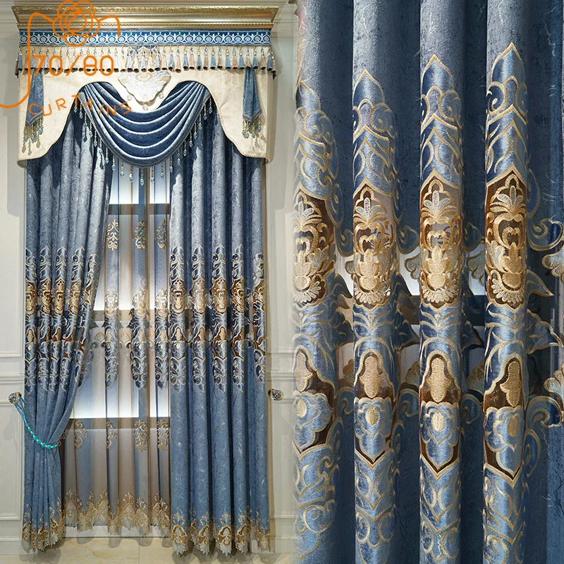 

European Blue Screen Hollowed Out Chenille Embroidered Curtains for Living Room Bedroom French Window Customized Valance