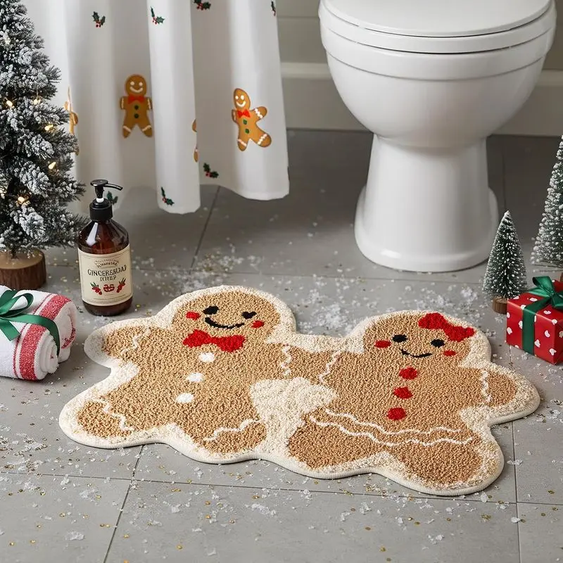 VIKAMA Gingerbread Man Rug Two Cute Cookies Holding Hands Mat Cozy Floor Rug Entryway Bedroom Non Slip Happy New Year Home Decor