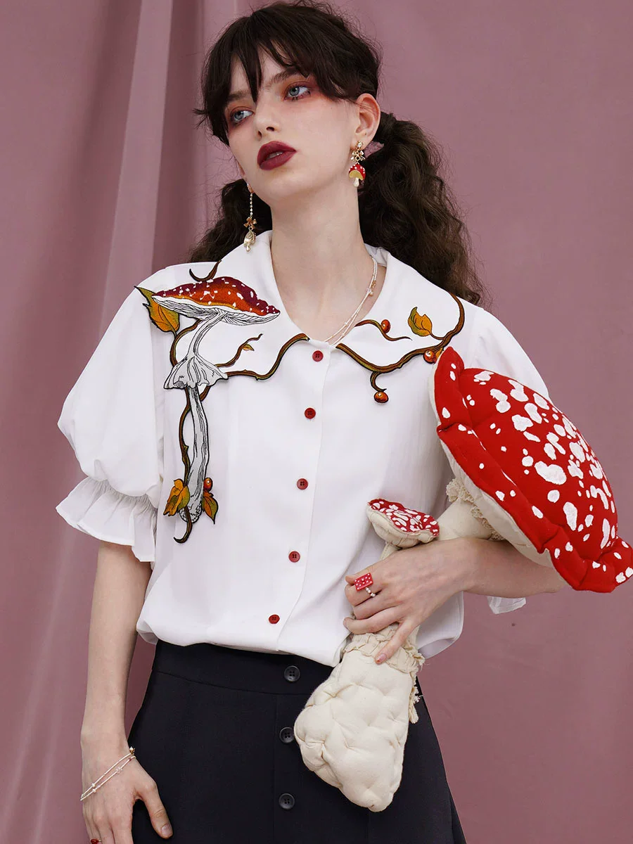 100-108cm Bust Spring Summer Original Design Women Vintage All-match Mushroom Embroidered Collar White Shirts/Blouses