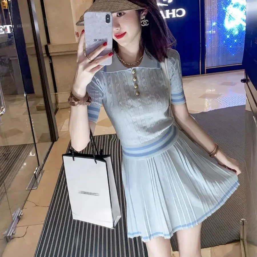 

Vintage Summer Women Knit Tennis Outfit 2-Piece Set Patchwork Polo Collar T-Shirt + High Waist Mini Pleated Skirt Preppy Suit