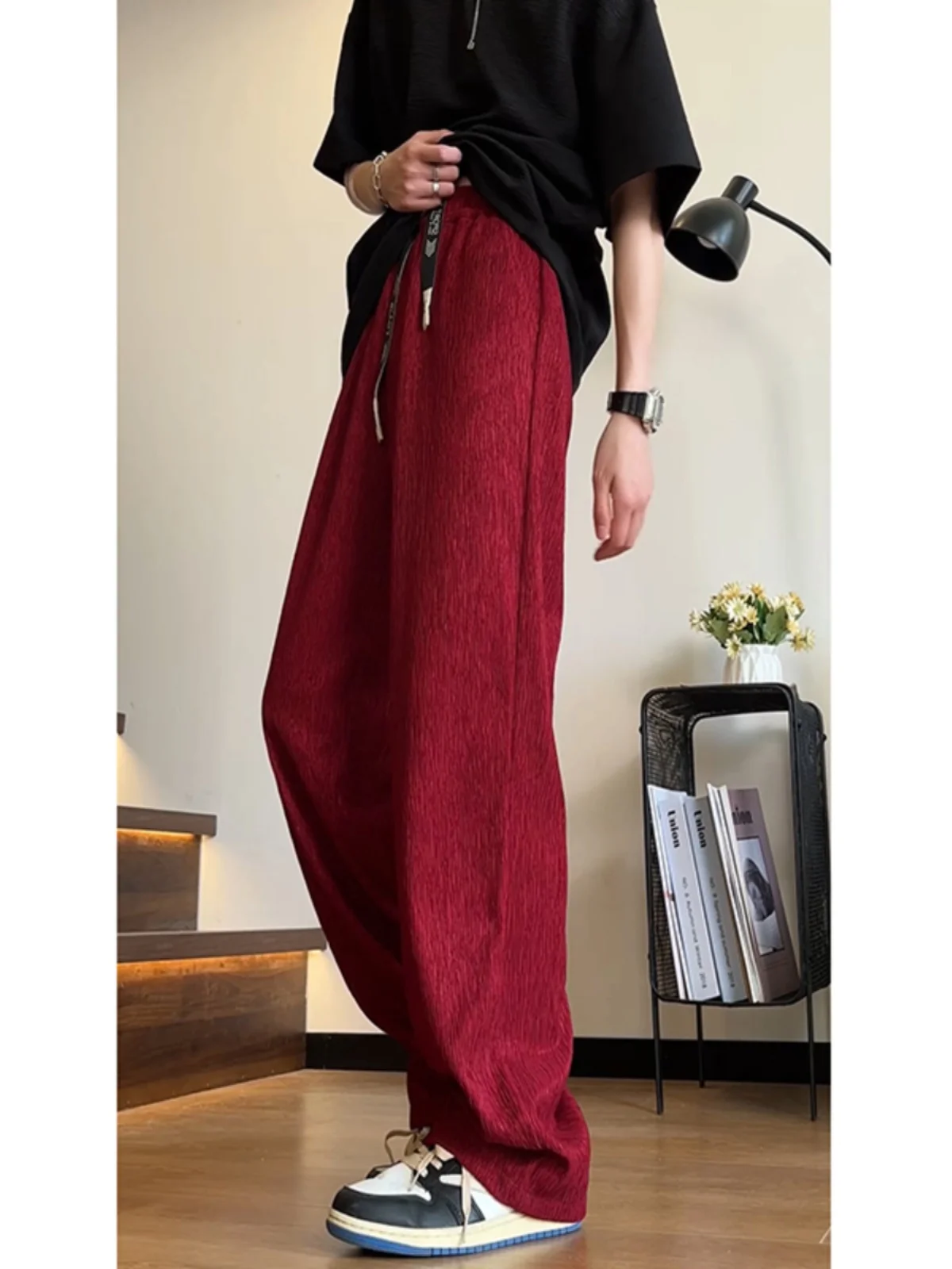 Red Wine Ice Silk Men's Summer Thin Folded Texture Qui Dry Pants American Drape Straight Casual Long Trousers
