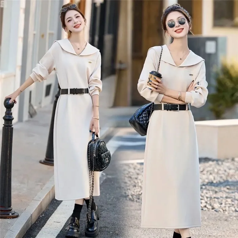 Vestido de Mujer Elegante con Cuello Marinero, Vestido Midi de Manga Larga con Cintura Ajustada para Primavera y Otoño, con Cinturón, Tallas S-3XL