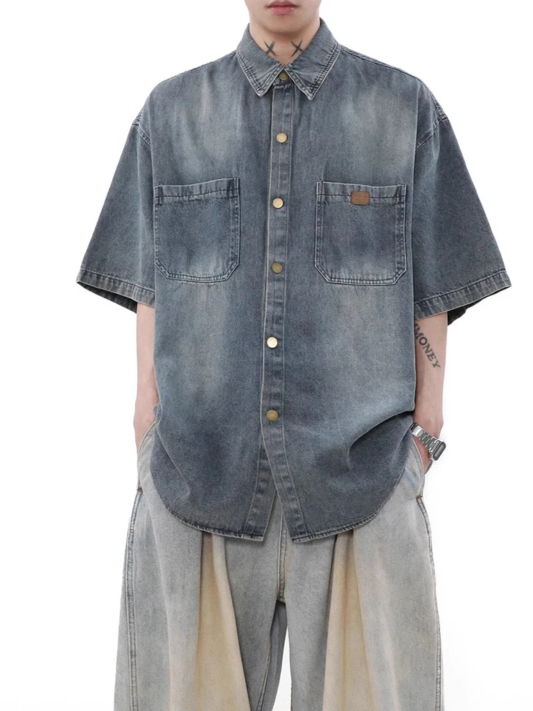 

Retro American Waed Denim ort Sve irt Summer Loose Fit Versatile f Sve Top Trendy Outerwear for Men