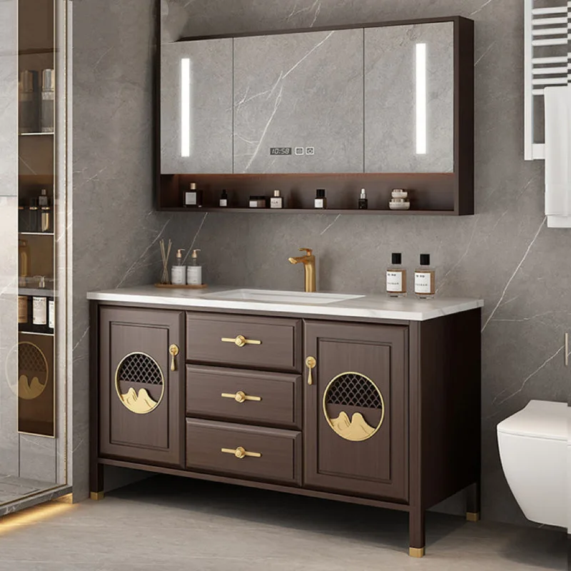 New Chinese oak solid wood floor-to-ceiling bathroom cabinet  smart bathroom cabinet wash table integrated ceramic basin