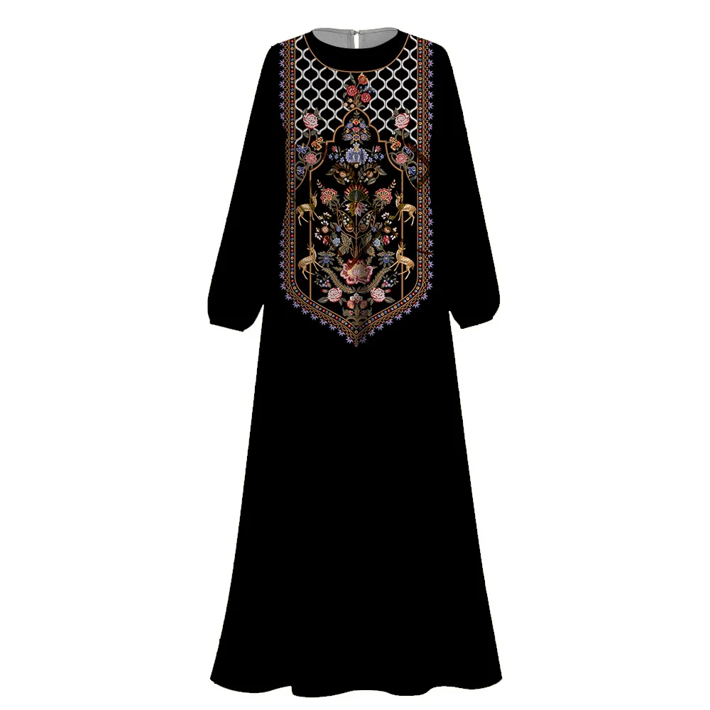 2024 Islamic Femme Abaya women Imitation Embroidery Print O-neck Abaya Muslim Dress Long Sleeves Dubai Turkey Saudi Casual Robe