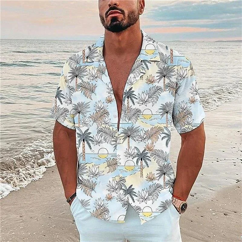 Coconut Tree Flower Cactus Shirt Men 3D Print Casual Hawaiian Summer Beach Button Shirt Lapel Blouse Short Sleeves Streetwear