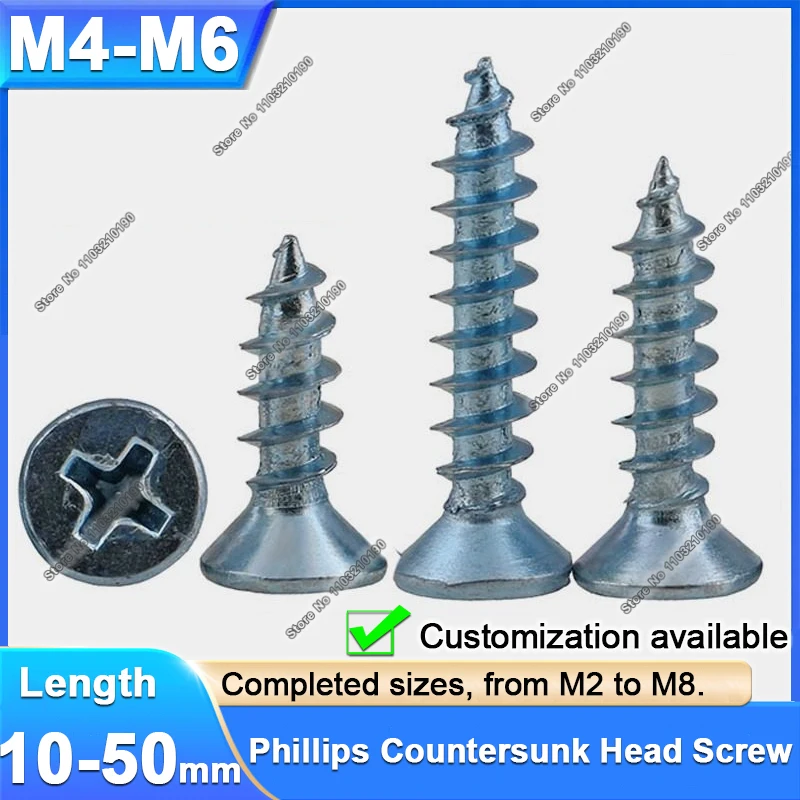 10-100Pcs Galvanized Cross Phillips Flat Countersunk Head Self-tapping Screw Zinc Plated Wood Screws M4 M5 M6 Length 10-50mm