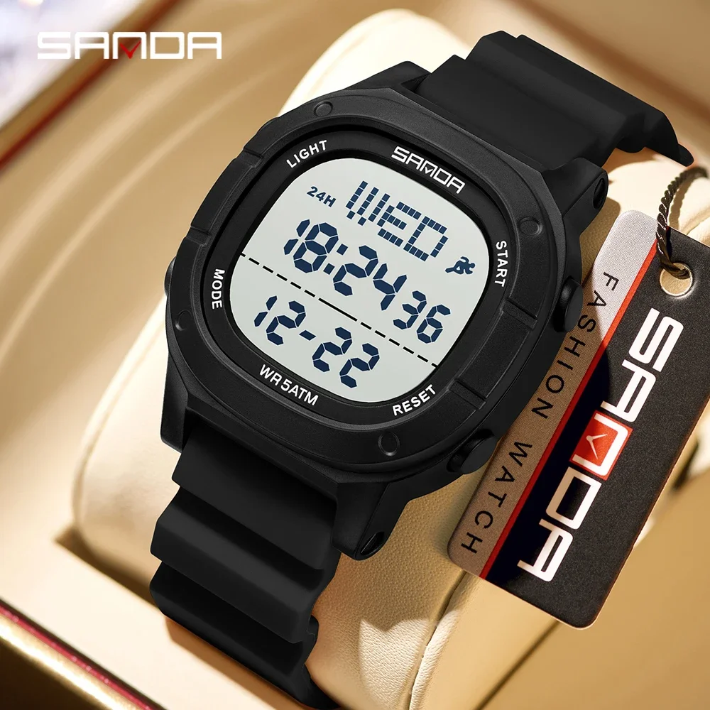 SANDA 9078 أفضل ساعة إلكترونية جديدة للرجال ساعة منبه مؤقت تقويم مقاوم للصدمات ساعة رقمية رياضية وترفيهية