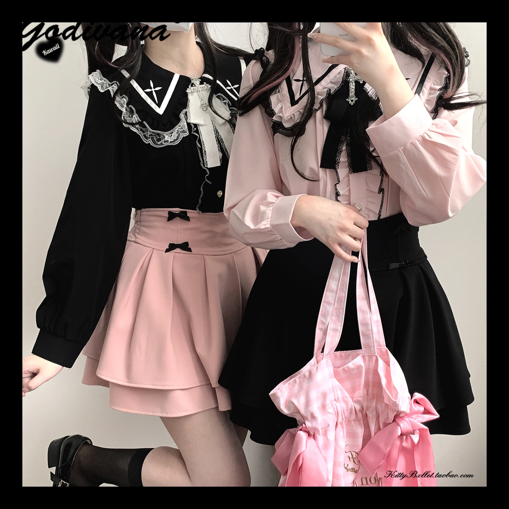 Japanese Style Mine Mass Production Sailor Collar Cross Lace Long Sleeve Shirt Girls Sweet Blouses Blusas Women Tops