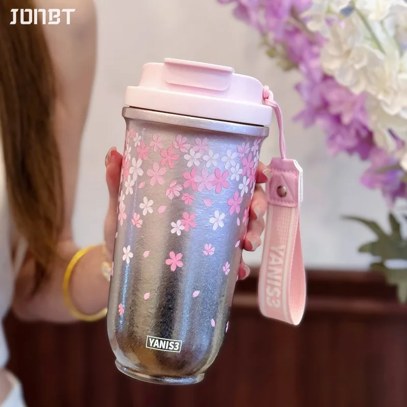 

18oz Sakura Titanium Thermal Water Bottle With Straw Stainless Steel Vacuum Thermos Mugs Hot Coffee Tumbler Cup Christmas Gift