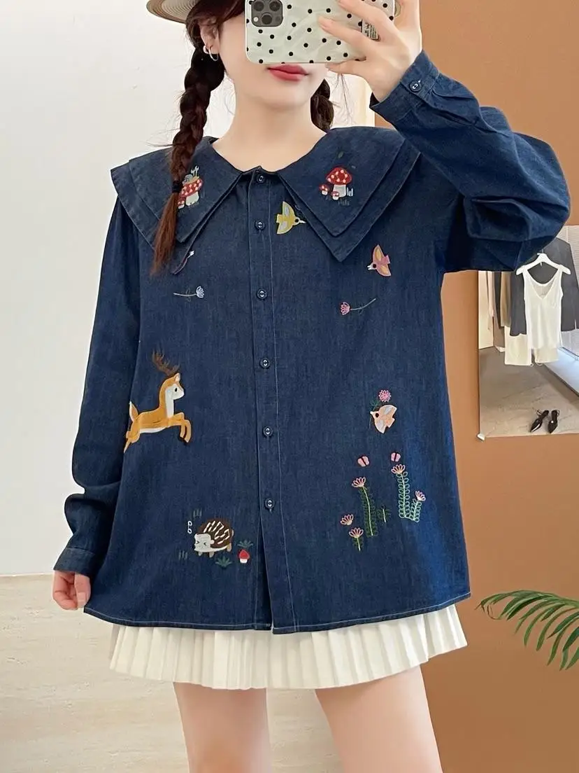 

Хлопковая джинсовая рубашка с вышивкой в японском стиле девушки Мори в стиле преппи блузки с длинным рукавом джинсовые топы милая одежда