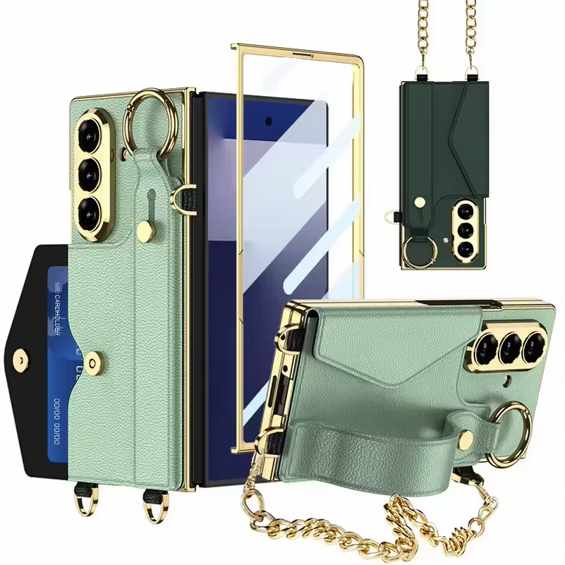 Gold Wristband Bracelet Electroplated Plain Leather Card Slot Glass Protect Case for Samsung Galaxy Z Fold7 Fold 7 6 Cover