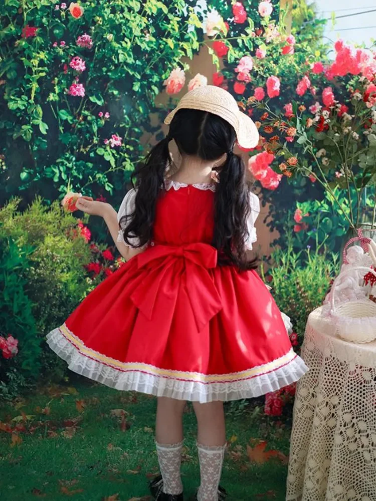 Summer New Spanish Vintage Lolita Princess Dress Puff Sleeve Lace Stitching Birthday Holiday Casual Girls Dress A3772