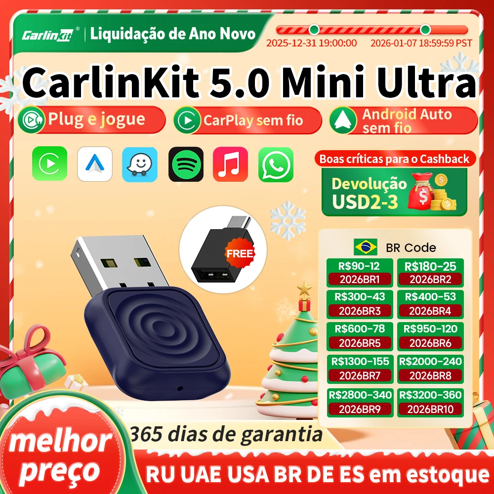 CarlinKit 5.0 Adaptador Sem Fio Mini Ultra Sem Fio Android Auto & CarPlay USB Dongle Para Atualização de Carro WiFi Bluetooth Auto Connect