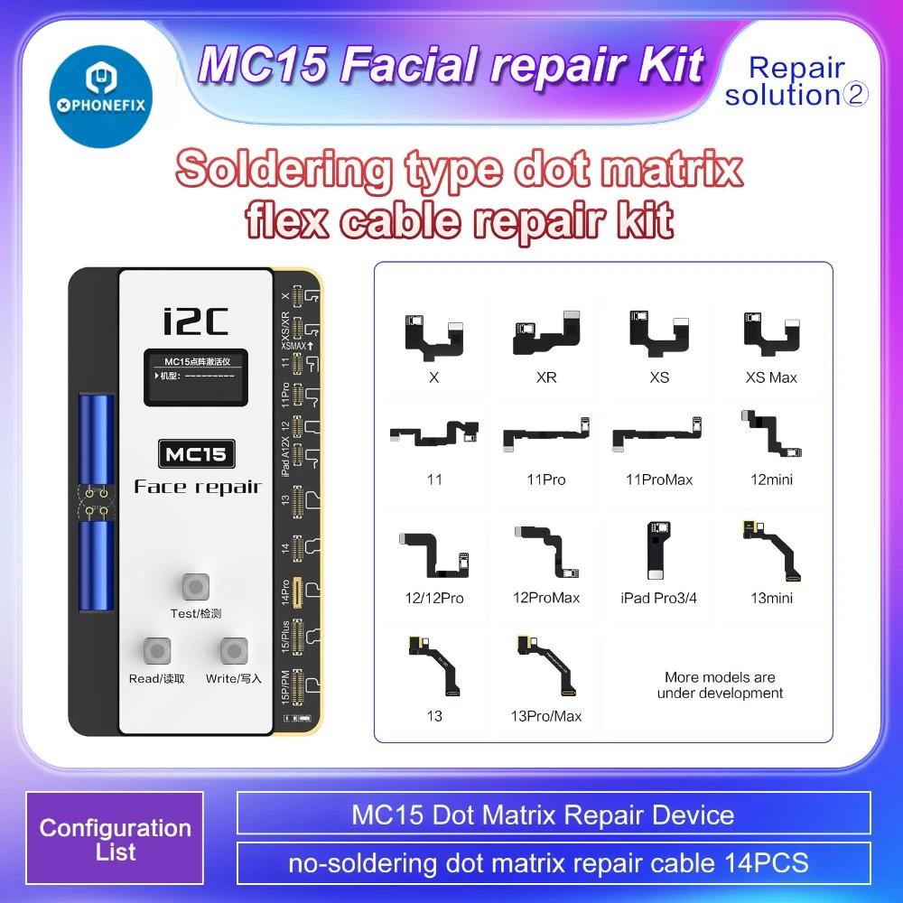 I2C MC15 No Soldering Type Dot Matfxs Repair Flex Cable Kit for IPhone X-15PM Face ID Fix DOT-Projector Issues Program Detection