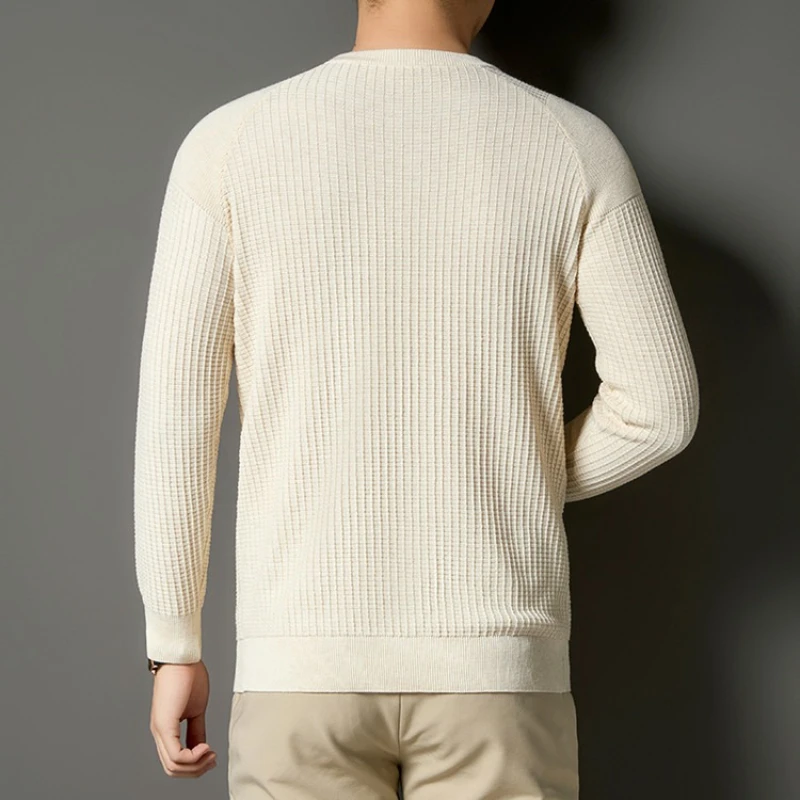 オールドマネースタイル ​ ​ メンズ抗ピリングウール混紡ニットセーター - ライトベージュクルーネック（アイアングレー/ブラック）ソフトな質感の生地 ​ ​