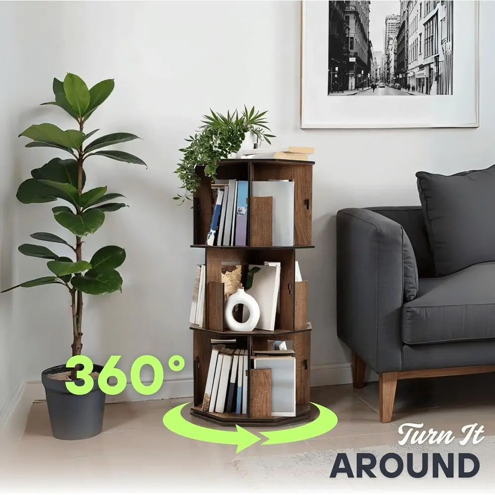 3 Tier Rotating Bookshelf Tower with Lazy Susan – Spinning Bookshelf Tower, Revolving Bookcase, Turning Book Shelf, Rotating Boo