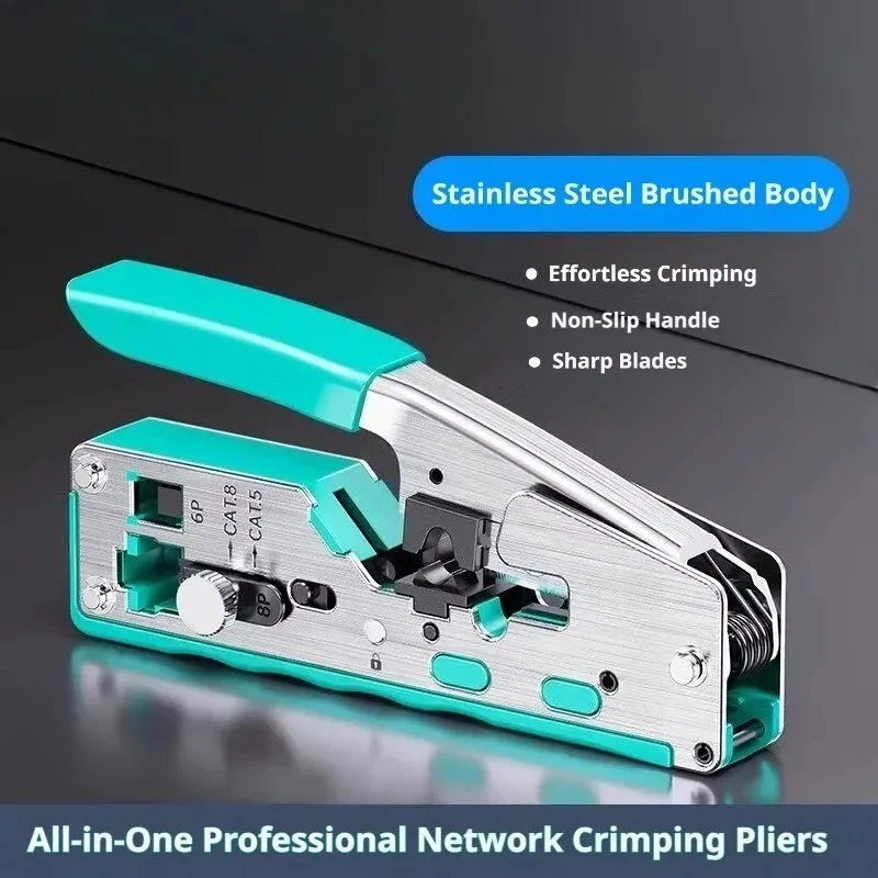All Steel Pass Through RJ45 Crimping Tool Cat5e Cat6 Cat7 Cat8 6P 8P Ethernet Connector Crimper with Wire Stripping Function