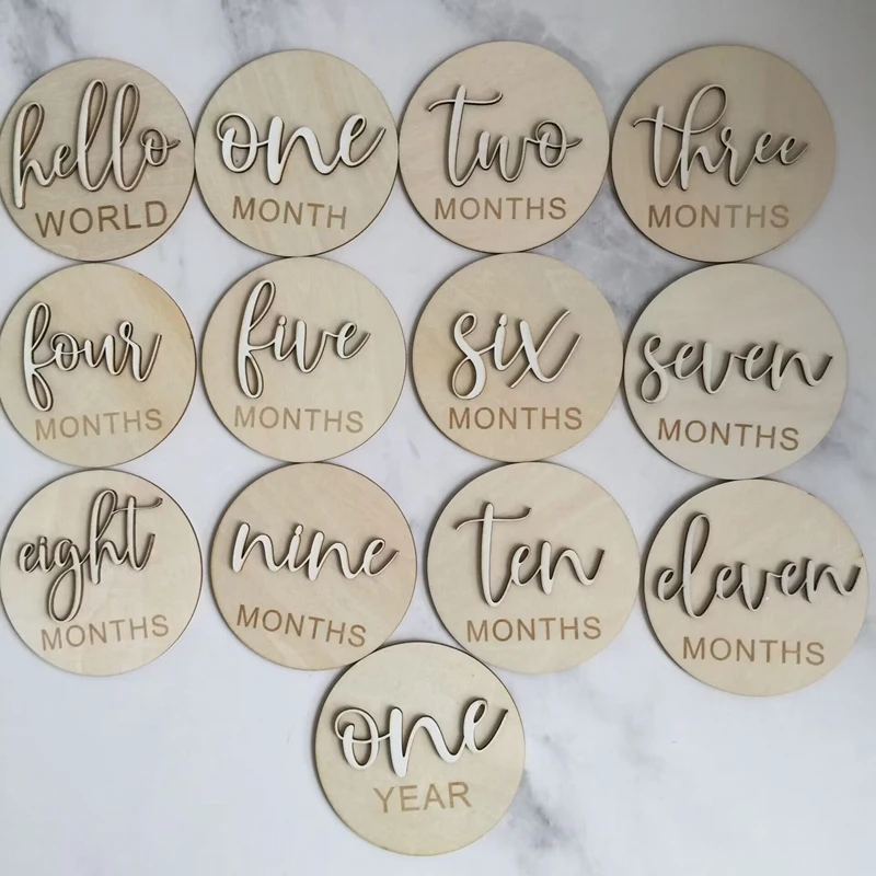 13 Pieces Wooden Baby Monthly Milestone Cards Wooden 3D Monthly Milestone Discs for Baby Photos