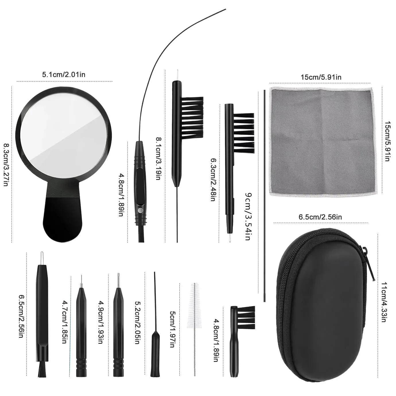 13pcs Hearing Aid Cleaning Brush Kit Ventilation Rods Screwdrivers Brush Vent Cleaner Triple Magnifying Glass with Organizer Bag